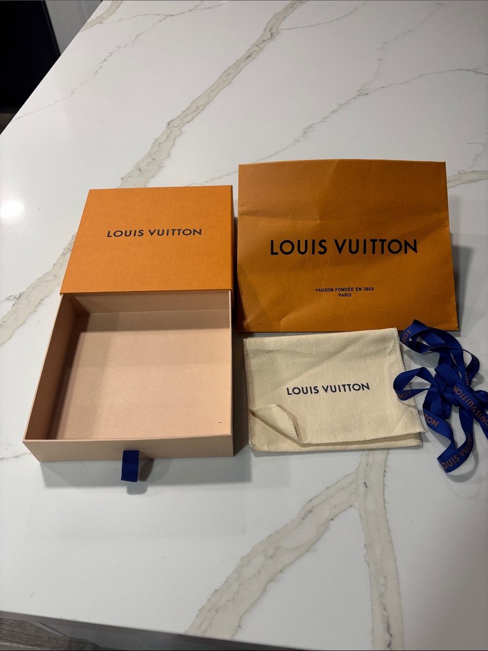 Louis Vuitton Orange Box Set with Cream Dust Bag and Navy Ribbon